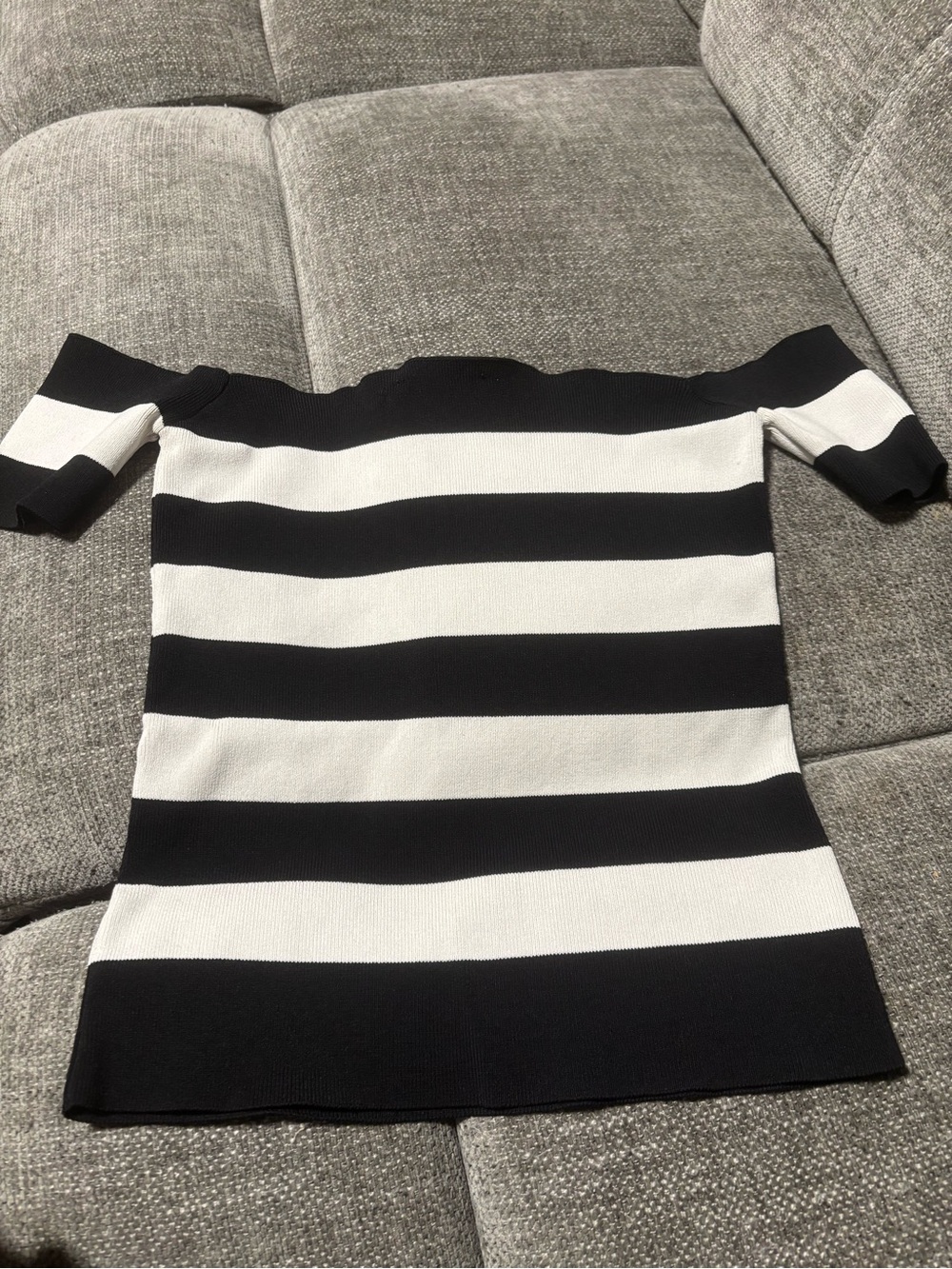 AKIRA Black and White Striped Off-Shoulder Knit Top
